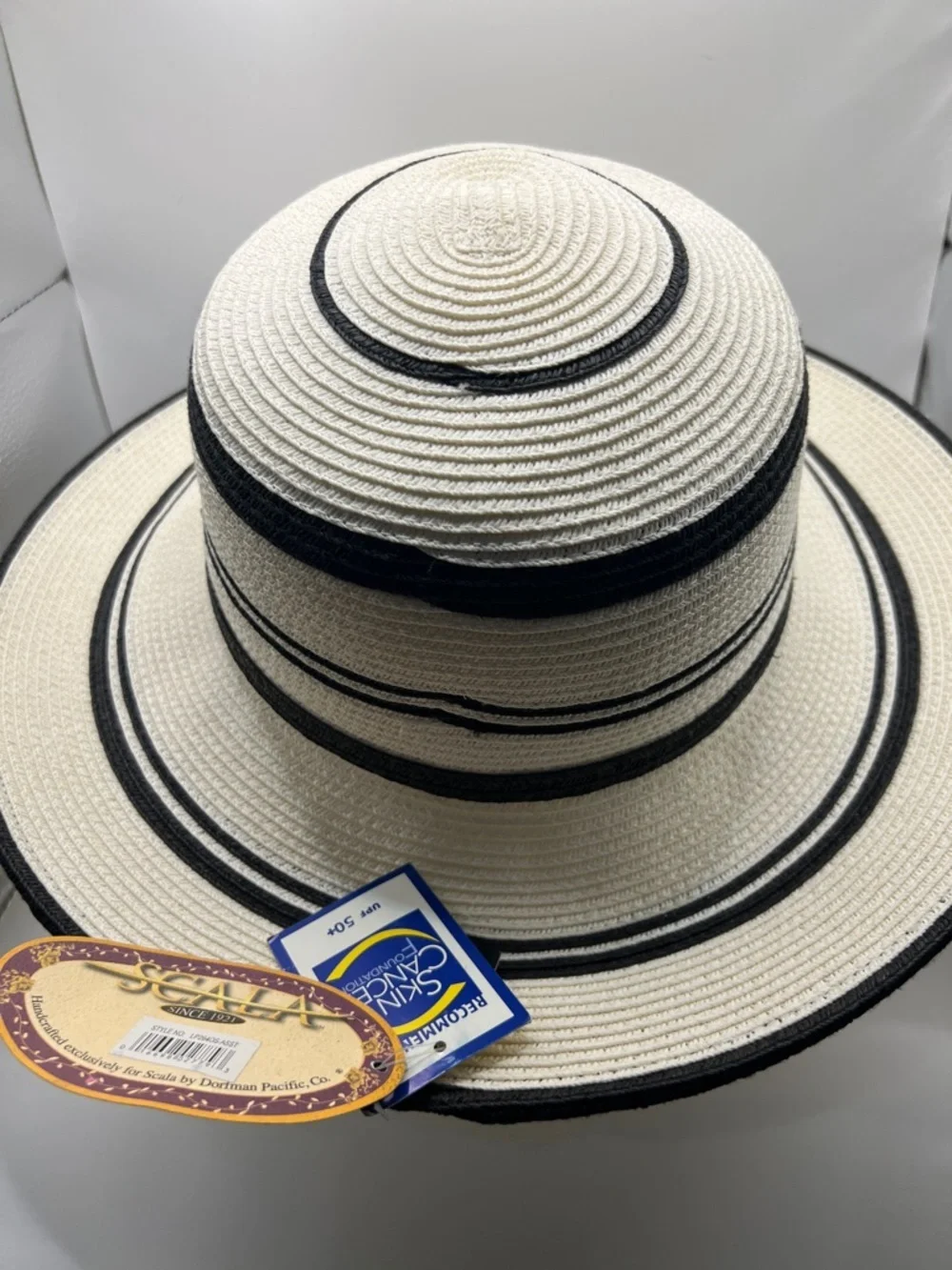 032. Scala Striped Wide Brim Sun Hat Black & White